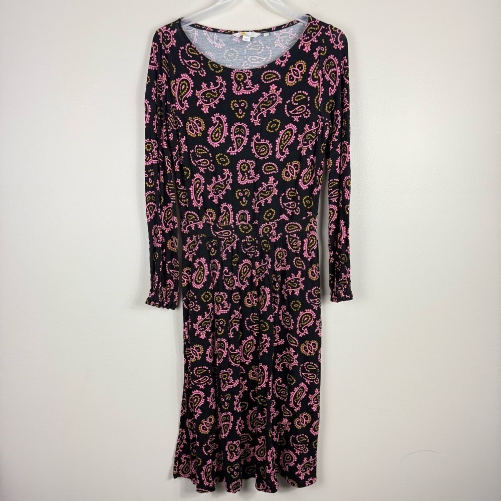 Boden Evelyn Midi Dress Womens 6 Petite Paisley Pink Black Long Sleeve